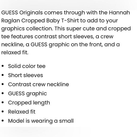 GUESS Originals Hannah Raglan Cropped Short Sleeve Baby Graphic T-Shirt. Small. - Picture 9 of 10